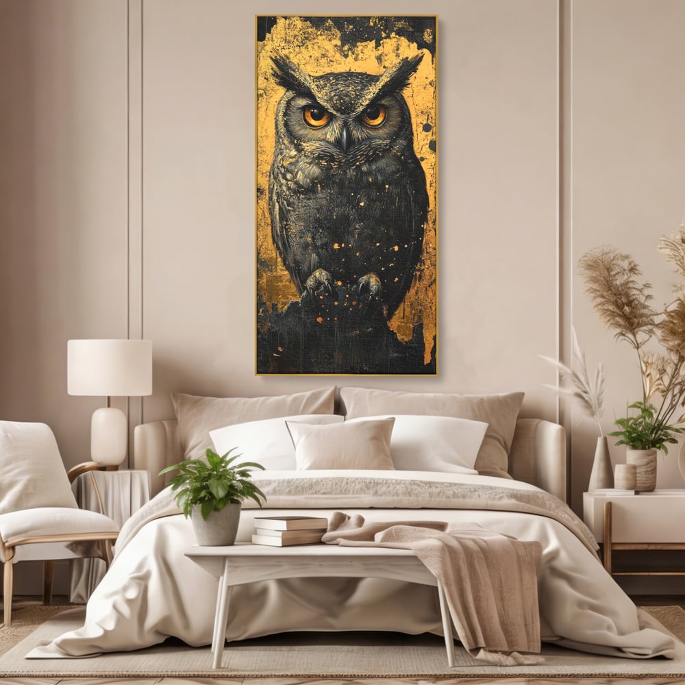 Tablou canvas cu tablou canvas cu bufnita neagra si fundal auriu, in rama de aluminiu auriu, pe perete intr-un dormitor
